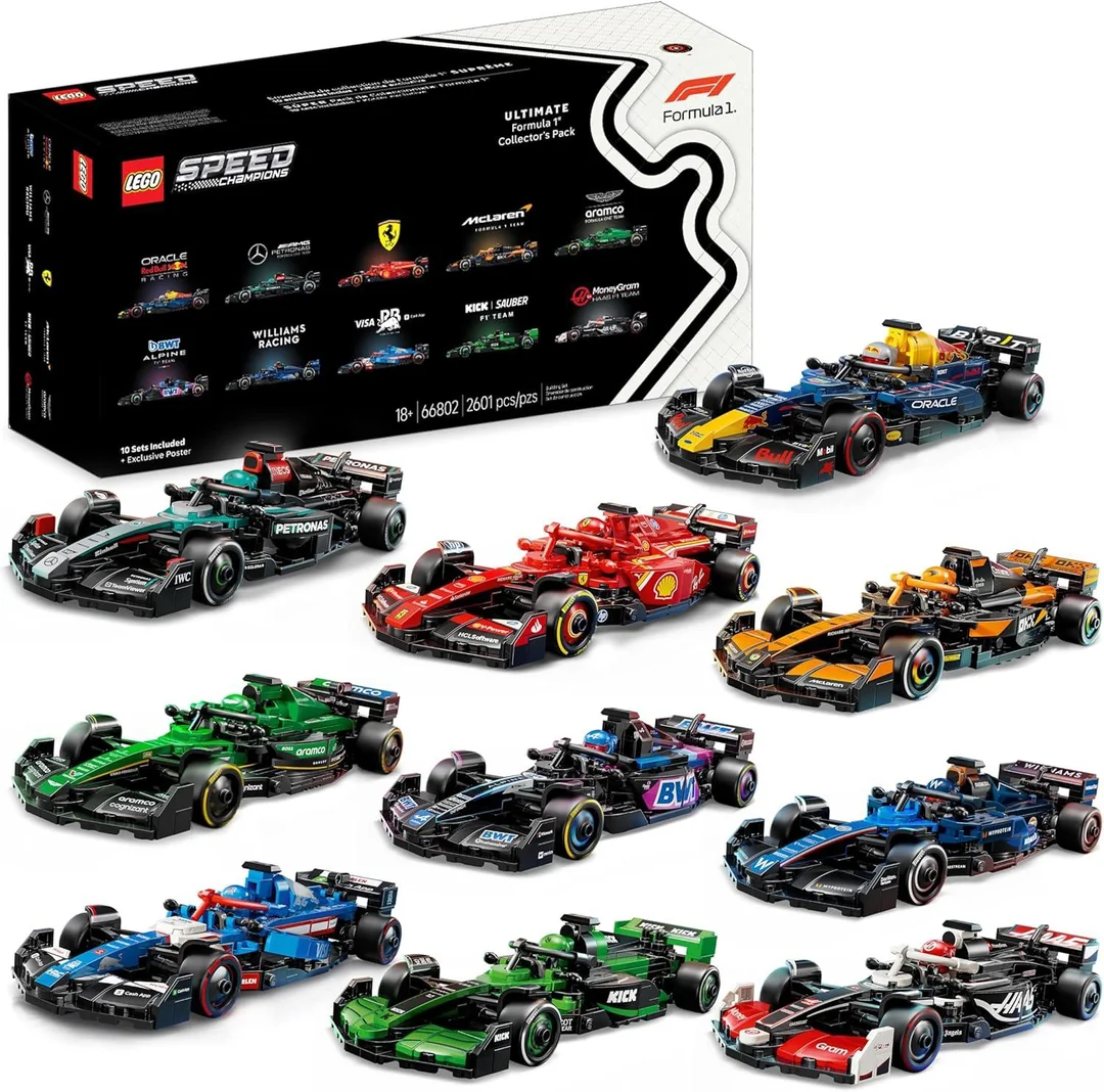 New LEGO F1 Speed Champions models including Ferrari, Red Bull, McLaren, and more, showcasing detailed Formula 1 cars for pre-order launch in March 2025.